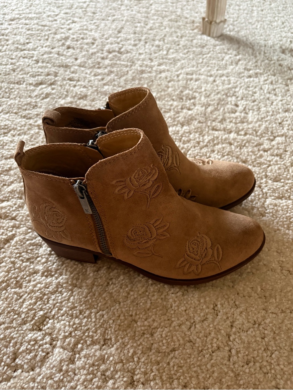 Lucky Brand Tan Suede Embroidered Ankle Booties